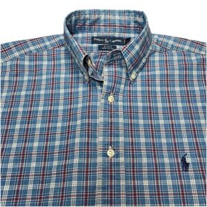 Ralph Lauren Shirt M Mens L/S Button Down Blake Blue Plaid Retro Grunge